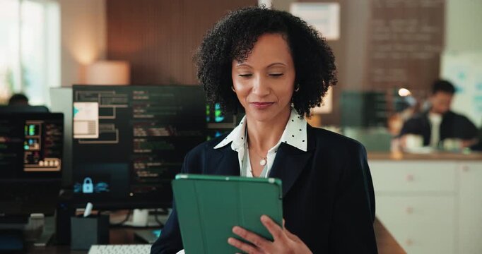 Tablet, research and businesswoman in office with programming for website development project. Digital technology, computer and mature coder with coding for software update at startup agency.