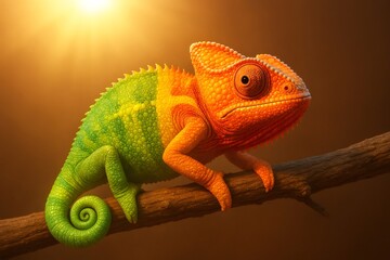Obraz premium Chameleon undergoing a vibrant color transition from green to orange on a branch, illustrating adaptation and change