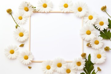Fototapeta premium Daisy flowers creating a floral border around a wooden frame on a white background