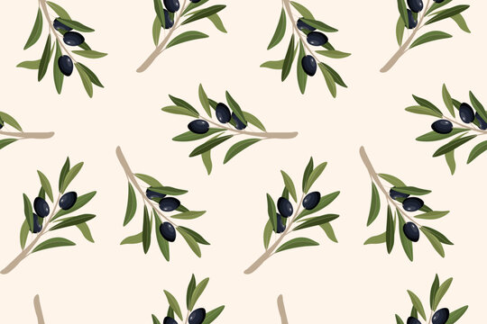 Seamless pattern with olive branches black olives and green leaves on light beige background Mediterranean botanical food illustration repeating design