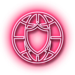 Obraz premium Neon pink glowing global protection shield icon symbolizes digital internet security concept
