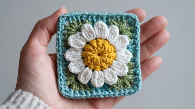 Crocheted Daisy Granny Square in Artist Hand