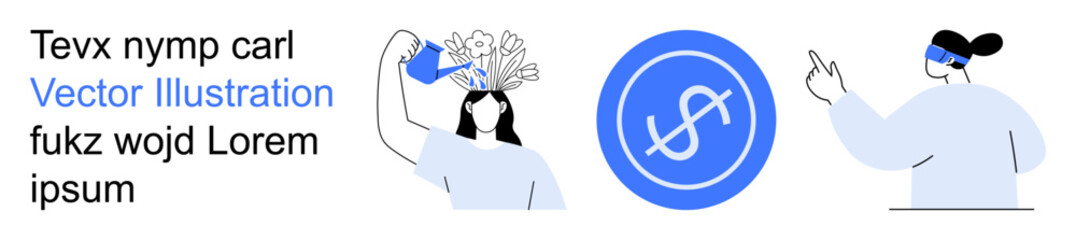 Financial growth, creativity, education, business innovation, digital transformation, modern technology. A woman with a plant and a figure pointing to a symbol. Financial growth and creativity © robu_s