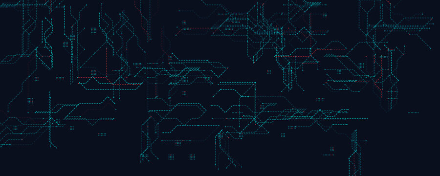 Digital Tech Grid With Blue and Red Lines. Futuristic circuit layout ideal for data, AI, and cybersecurity themes. Glowing dotted paths on dark background. Clean modern design. Vector illustration.