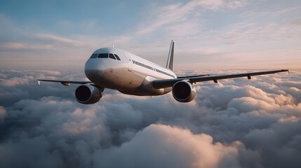 Fototapeta premium A commercial airplane flying through the clouds at sunrise or sunset