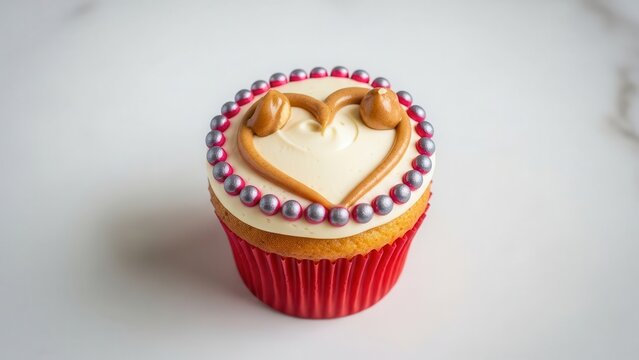 Single vanilla cupcake with white frosting, a caramel heart design, and pink and purple edible pearl border on a white marble surface, isolated on white background