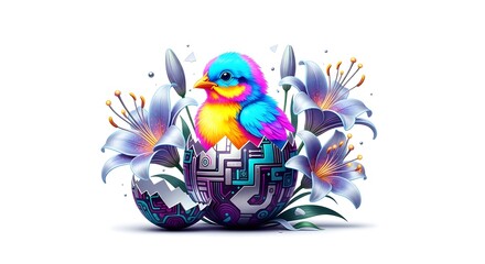 Fototapeta premium Divine Hope: Colourful Chick Hatching from a Cyber Egg