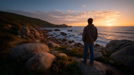 Obraz premium Solitary man observes a breathtaking sunset over the ocean from a rugged rocky coastal landscape at dusk