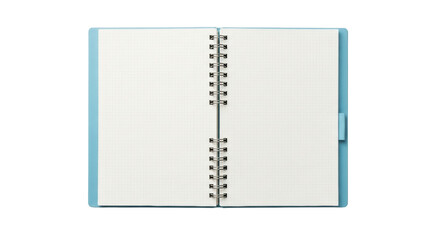 Isolated sky-blue notebook, open to blank pages, with a wire-o binding in the middle