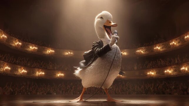 Duck character singing on a grand theater stage under warm spotlight, playful fantasy performance with elegant costume, dramatic pose and classic entertainment mood.