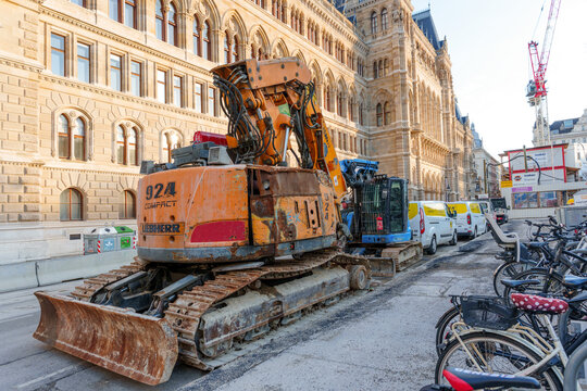 Vienna, Austria - February 24, 2026: Liebherr Excavator at Vienna City Hall Construction Site in Austria