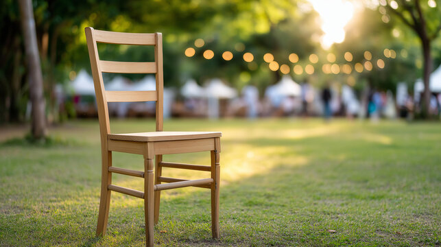 Emotion of isolation felt through empty chair at lively social gathering, under warm sunlight, absence metaphor display, excluded presence representation, vacant seat symbolism, de