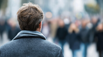 Fototapeta premium Urban scene with focused man among blurred people, highlighting individuality and social isolation, city crowd loneliness, metropolitan disconnection, faceless isolated figure, def