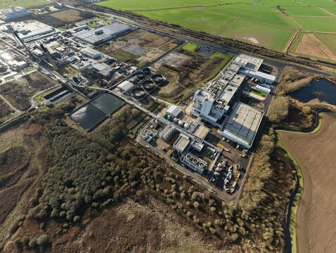 Aerial view of the Lenzing Fibers plant where industrial architecture meets nature's edge, Grimsby, England, United Kingdom.