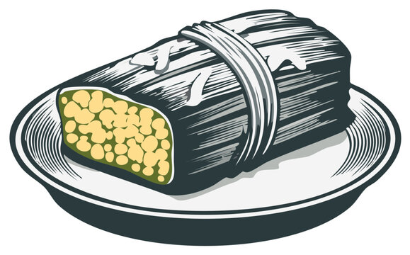 Traditional tamale wrapped in corn husk and tied with string served on a plate