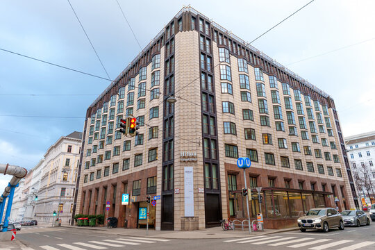Vienna, Austria - February 24, 2026: Hilton Vienna Plaza Hotel Building on Schottenring Street in Vienna
