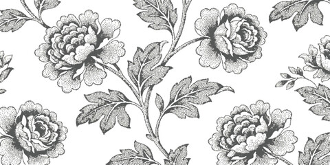 Vintage seamless floral pattern with hand-drawn roses and leaves in engraving style monochrome vector illustration for textile design © GraphixEra
