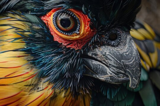 Extreme close up of a pesquet's parrot highlighting its distinctive featherless face and vibrant plumage