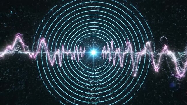 Abstract digital light waves and concentric circles pulsate on a dark