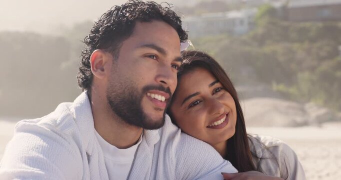 People, relax and couple on break, beach and smile on summer holiday, love and romance with partner. Outdoor, man and embrace with woman on vacation, happy and commitment for relationship in nature