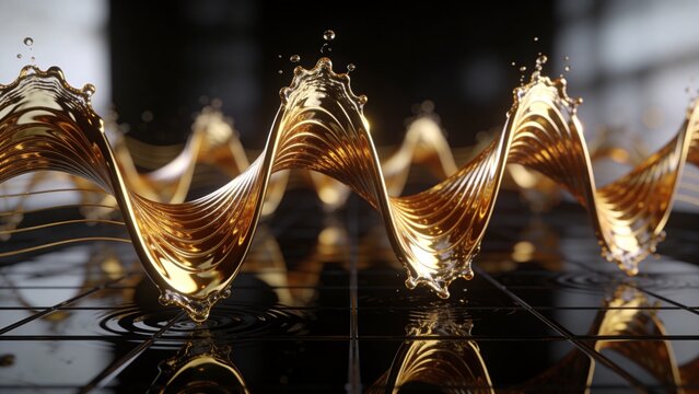 Golden liquid spiral splash with water droplets. Abstract amber fluid wave in helical motion. Luxury oil flow on dark reflective surface.