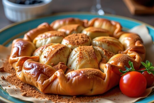 A beautifully arranged Moroccan Pastilla, a savory meat pie wrapped in incredibly thin, flaky warka dough, dusted with cinnamon.