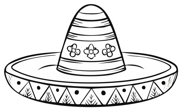 Hand-drawn Sombrero Illustration with Floral and Geometric Patterns, Traditional Mexican Hat Design, Monochrome Decorative Vector Image