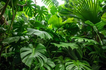 Fototapeta premium Lush tropical plants growing in greenhouse, abundance of greenery creates vibrant atmosphere