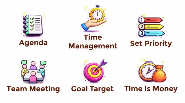 Animated Business Planning and Time Management Icons Set &ndash; Agenda, Time Management, Priority, Team Meeting with Transparent Background
