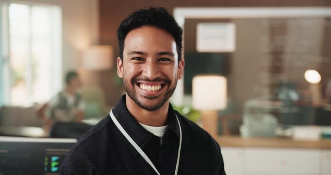 Face, laughing and programming with business man in office for language coding or web development. Confidence, funny and satisfaction with happy programmer in workplace for digital or system script