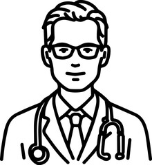 Hand Drawn Professional Doctor Wearing a Stethoscope Black and White Avatar Illustration in Minimal Line Art Style Design