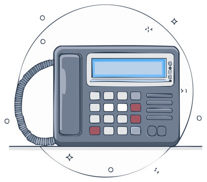 Hand drawn cartoon illustration of a vintage office desk phone with a keypad and screen