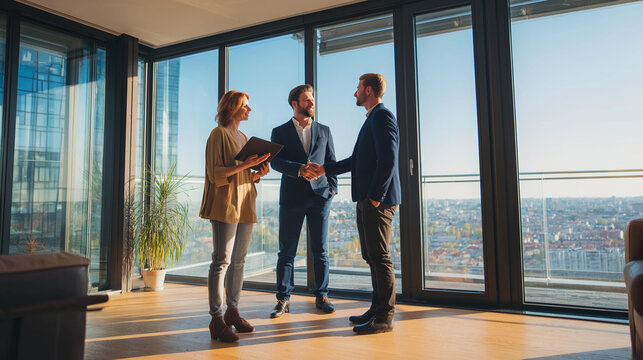 Real estate agent showing clients a modern apartment interior with tablet displaying a floor plan and a handshake during a property tour