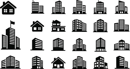Black building icons set isolated on white background, urban architecture collection of houses skyscrapers and office blocks for city design © Mojahid