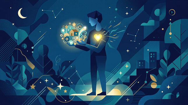 A figure holds a glowing orb of symbols representing dreams, ideas, and aspirations against a starry, abstract night sky.