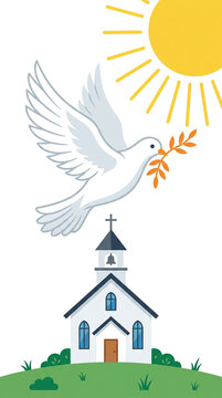 A white dove flies holding an olive branch over a church, under a bright sun on a grassy hill.