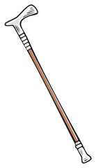 Hand-drawn cartoon illustration of a classic wooden walking stick for mobility support