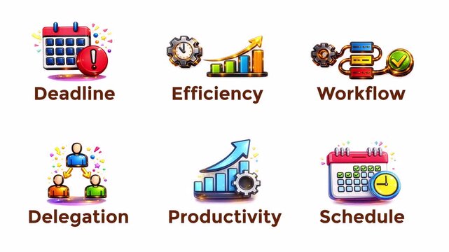 Animated Time Management and Productivity Icons Set &ndash; Deadline, Efficiency, Workflow, Delegation, Schedule with Transparent Background