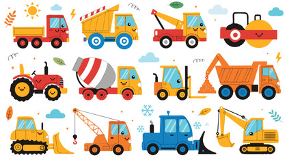 Obraz premium Colorful Construction Vehicles Vector Set – Cartoon Heavy Equipment Collection