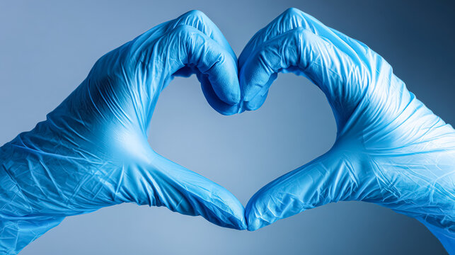 A close up of two hands wearing blue latex gloves creating a heart shape against a soft gradient background, symbolizing care and compassion.