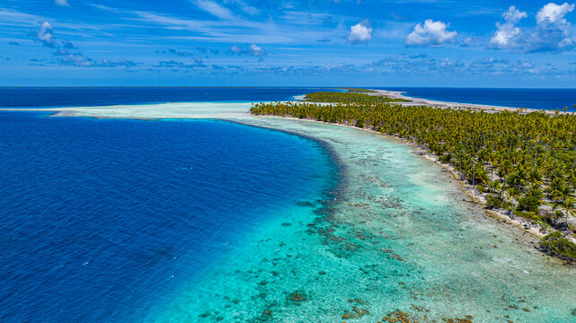 Aerial view of Amaru atoll Tuamotu islands French Polynesia lagoon