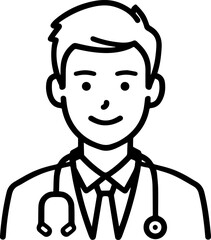 Obraz premium Hand Drawn Professional Doctor Wearing a Stethoscope Black and White Avatar Illustration in Minimal Line Art Style Design