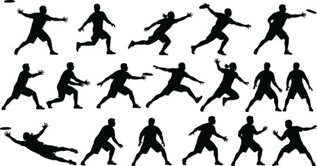 Black silhouettes set of ultimate frisbee players jumping throwing and catching discs isolated on white background, active sports players collection © Mojahid