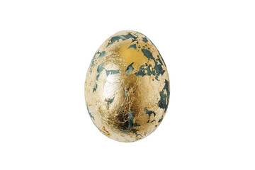 Gold and blue decorative egg resting on a simple white background in a static display