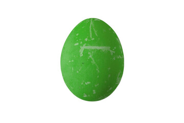 Bright green egg placed on a flat surface with a plain background for visual focus