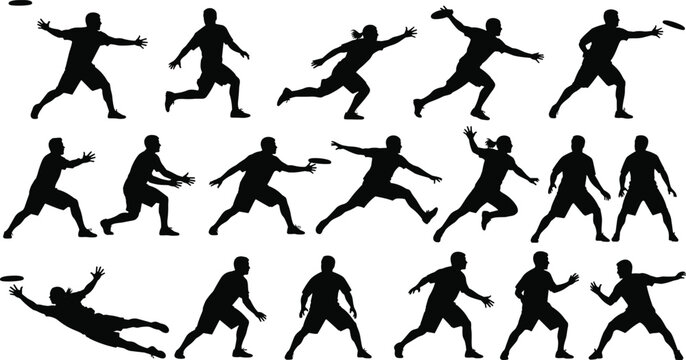 Black silhouettes set of ultimate frisbee players jumping throwing and catching discs isolated on white background, active sports players collection