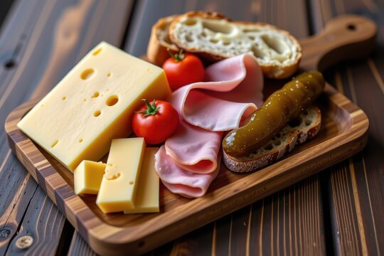 A rustic wooden board loaded with a classic British Ploughman's Lunch: a hunk of sharp farmhouse cheddar, thick cut ham, crusty sourdough, and dark Branston pickle.