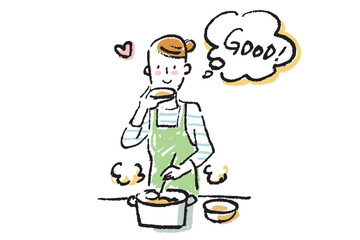 台所で料理しながら味見をする若い女性　シンプルなクレヨンタッチのイラスト