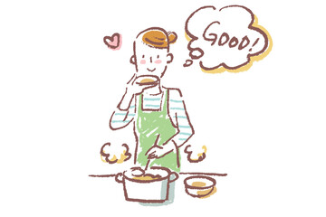 台所で料理しながら味見をする若い女性　シンプルなクレヨンタッチのイラスト