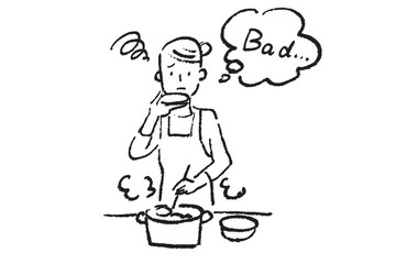 台所で料理しながら味見をする若い女性　シンプルなクレヨンタッチの白黒イラスト